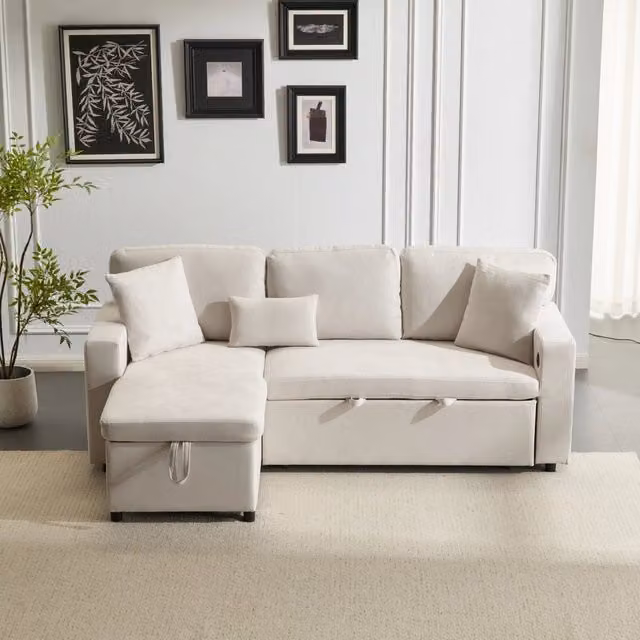 Desviae Divano letto angolare con chaise longue reversibile in flanella beige con USB vano contenitore e ripiano laterale