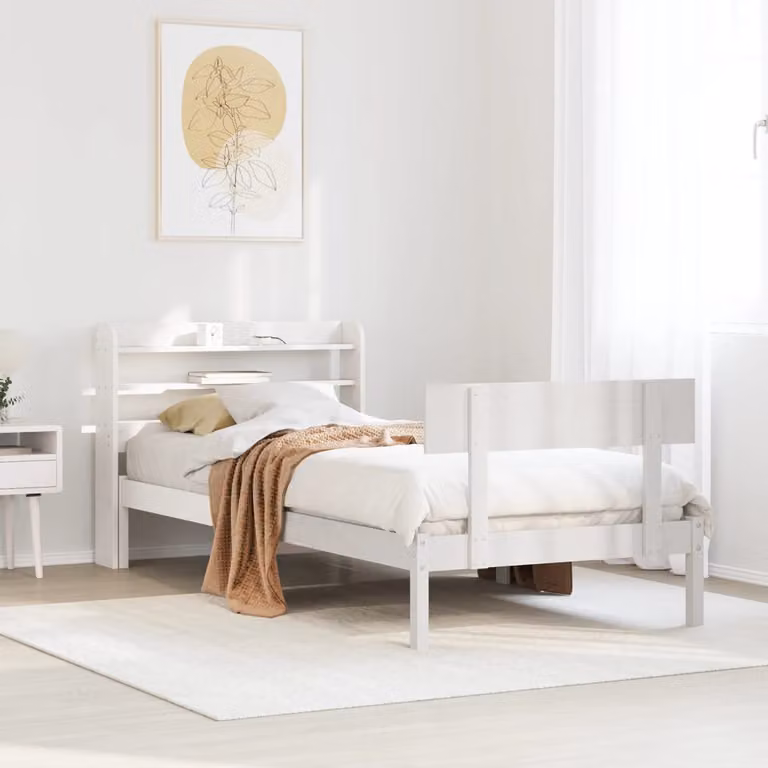 Letto in legno massello di pino bianco con ripiani laterali e doghe in legno stile rustico per adulti