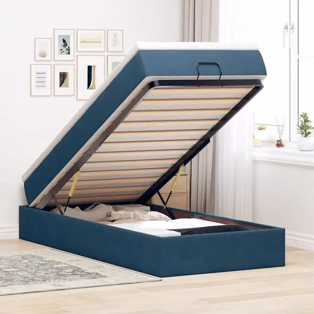 Letto con Pouf e Materasso vidaXL in Velluto Blu e Bianco, L: 90 cm, P: 200 cm, H: 23,5 cm, con Base a Sollevamento e Molle – 1
