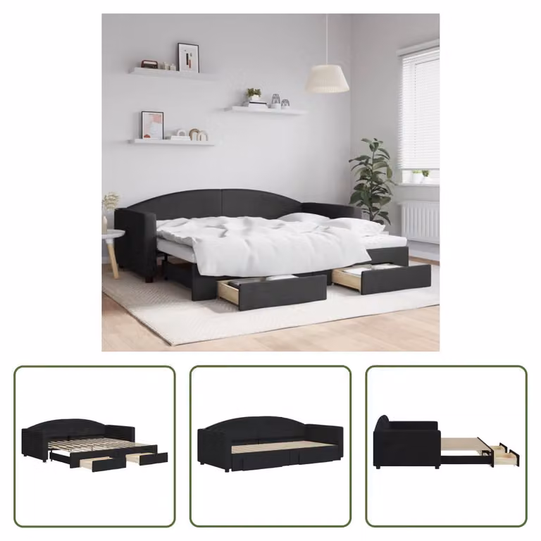 The Living Store Letto allungabile con cassetti nero 90x200 cm tessuto