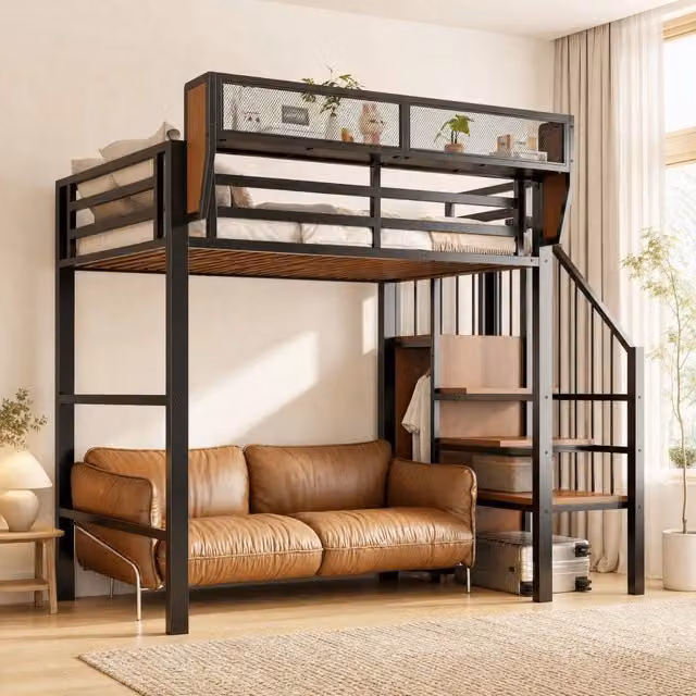 Letto a soppalco 90 × 200 cm con scala di sicurezza, ripiani rimovibili e LED multicolore, senza materasso, nero