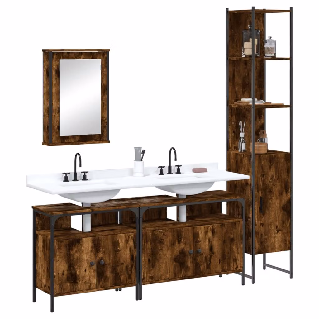 Set di mobili da bagno moderno vidaXL in legno rovere marrone composto da armadietto con specchio, mobile lavabo e colonna alta