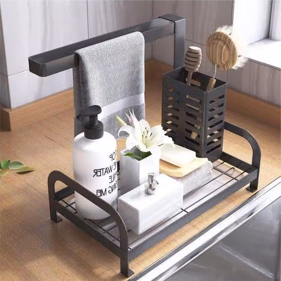 Organizer - Supporto per lavello da cucina e da bagno nero con scarico - porta spugna, porta spazzola, porta strofinaccio