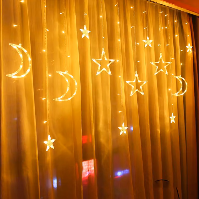Stella luna LED luci fiabesche, tenda luminosa per interni 8 modalità, luci di Natale bianco caldo, finestra decorazione di Natale