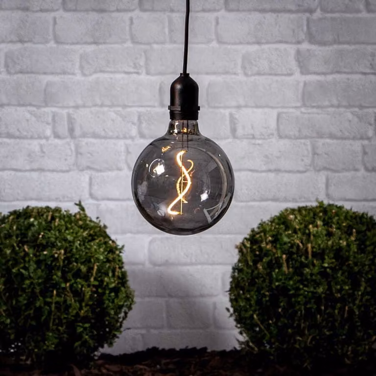 LED illuminato globo BOWL - luce a sospensione - filamento LED - D:12,5 cm - batteria - timer - grigio fumo - esterno