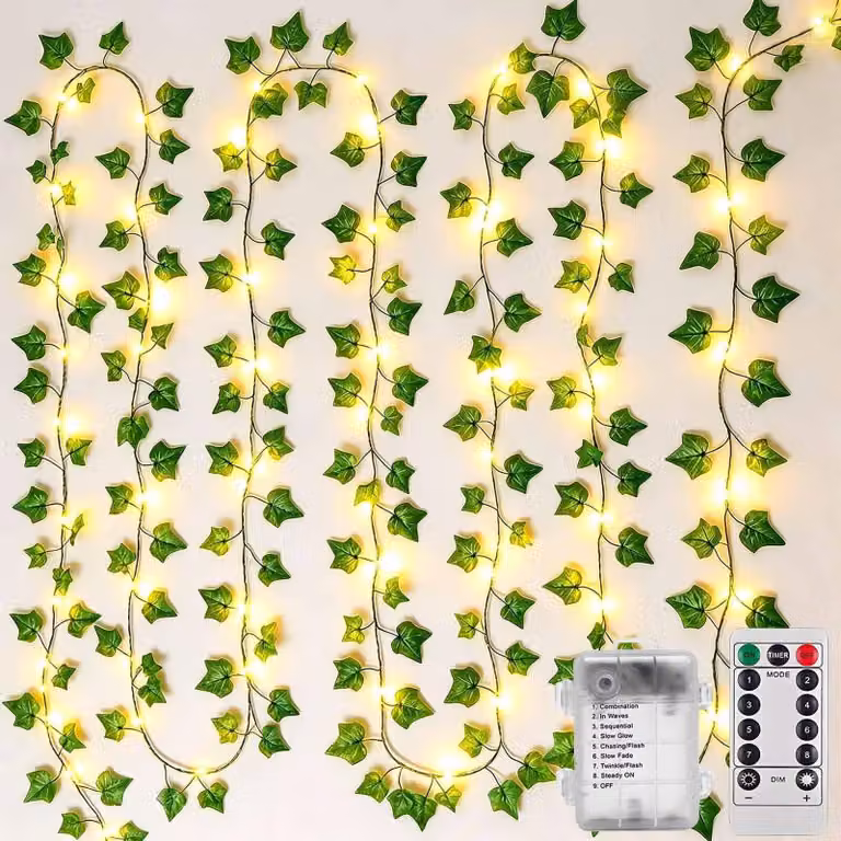 Catena luminosa a LED con edera artificiale, 10 metri, 100 LED, alimentata a batteria