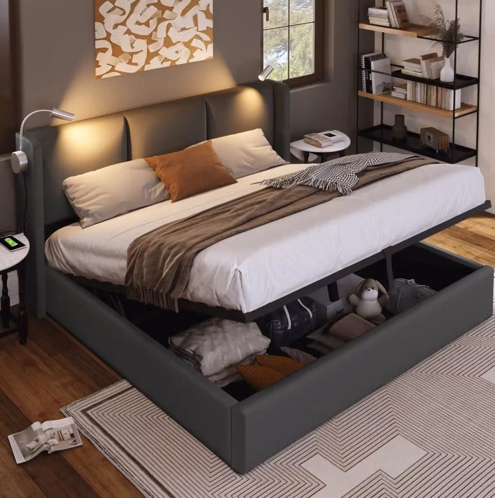 Letto matrimoniale MODFU con contenitore e luce lettura con porta USB, rivestimento in ecopelle grigia, L/P: 160 x 200 cm – 2
