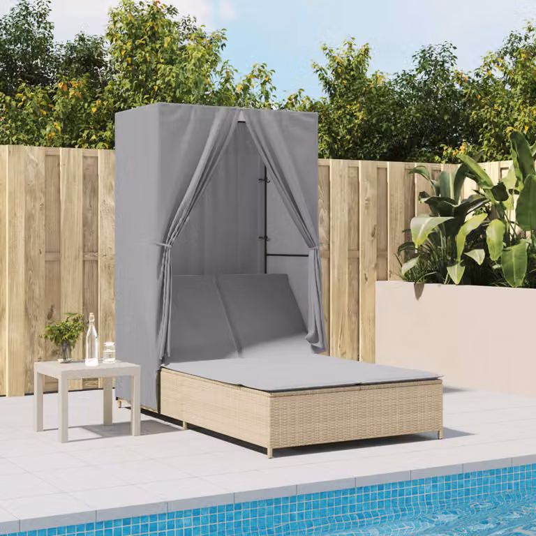 vidaXL Lettino Prendisole in Polyrattan Beige con Tetto e Tende Regolabili