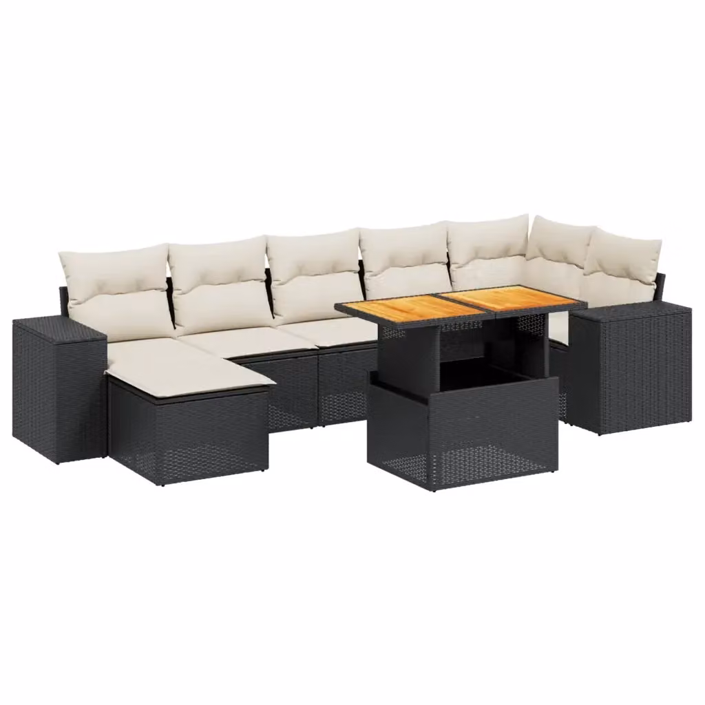 vidaXL Set Divani da Giardino a L in Polyrattan con Cuscini e Tavolino, 8 Pezzi, Nero e Bianco – 2