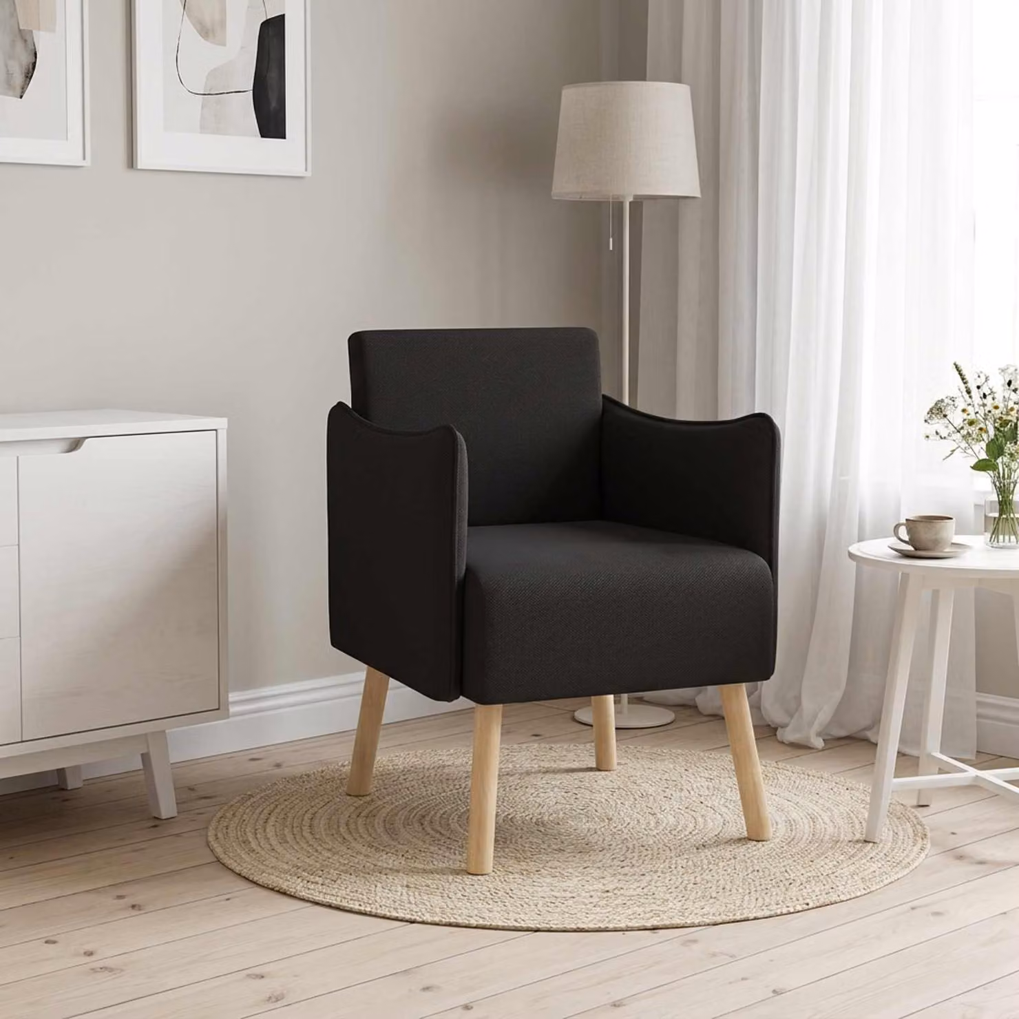 Sedia d'accento moderna vidaXL in velluto nero con braccioli e struttura in legno