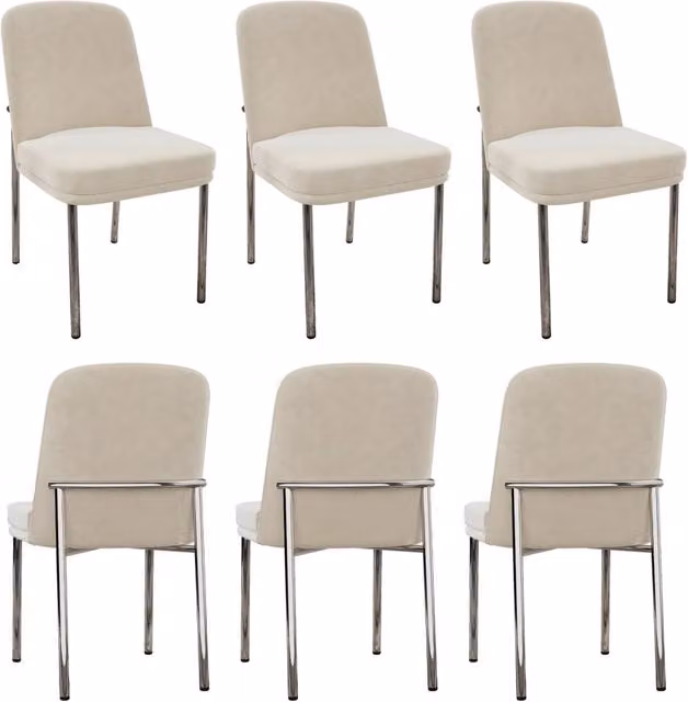 Set di 6 Sedie da Pranzo in Velluto Beige con Cuscino Spesso e Struttura in Metallo Argentato