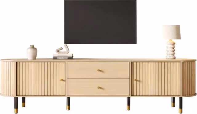 Mobile TV con 2 ante scorrevoli, 2 cassetti e passacavi, finitura legno naturale, per soggiorno, 180 × 40 × 58 cm