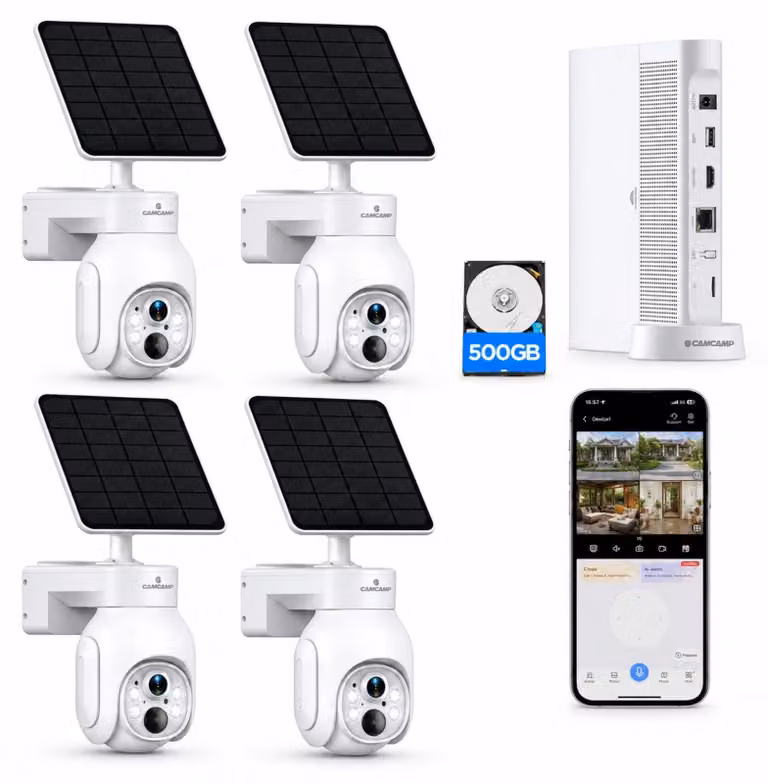 Kit di 4 telecamere di sicurezza - Alimentazione a energia solare, wireless - 4MP, visione notturna a colori fino a 20 metri - Bianco