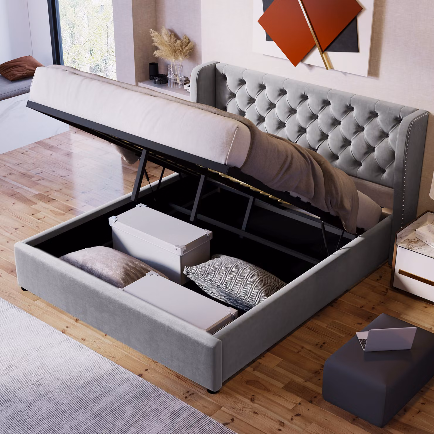 Letto imbottito Sweiko con rete a doghe e contenitore, testata a forma di orecchio, singolo, velluto, 140*190cm, grigio