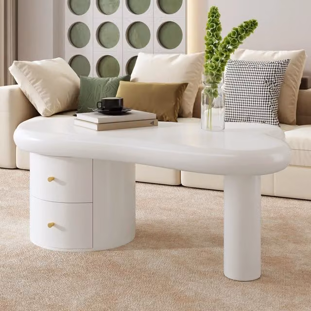 Tavolino da caffè irregolare bianco in MDF con 2 cassetti 97 x 64 x 42 cm