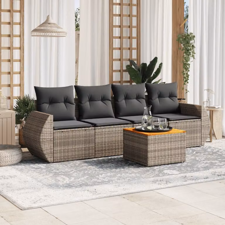 vidaXL Set Divano da Giardino 5 pz in Polyrattan Grigio con Cuscini e Tavolino