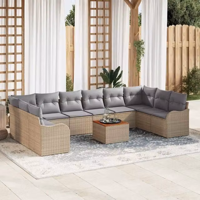 Set Divano da Giardino a Forma a U vidaXL da 11 Pezzi Beige con Cuscini e Tavolino da Esterno in Polyrattan e Acciaio
