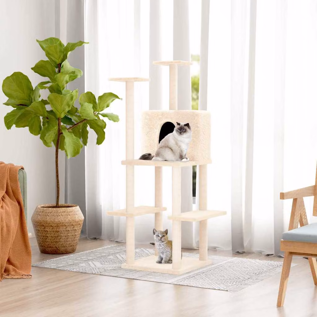Albero per gatti vidaXL con tiragraffi in sisal, colore beige, H: 144,5 cm, L: 47,5 cm, P: 47,5 cm