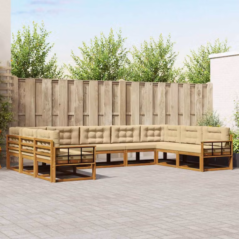 vidaXL Set di divani da esterno a L in legno di acacia con cuscini, 9 pezzi, Beige e Sabbia