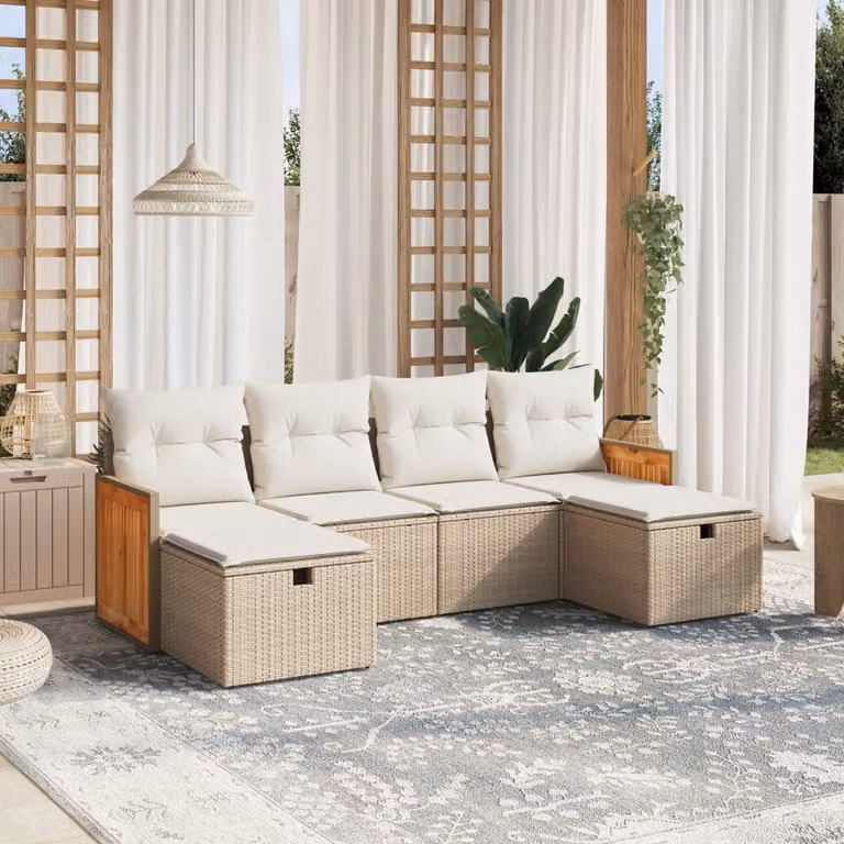 Set Divano da Giardino a L vidaXL 6 pz con Cuscini Beige e Struttura in Metallo e Rattan