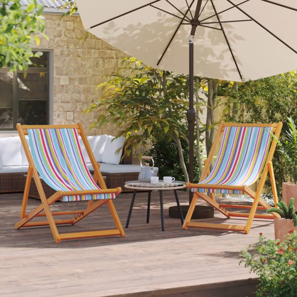Set di 2 sedie pieghevoli da giardino vidaXL in legno trattato e tessuto multicolore a righe con cuscini inclusi