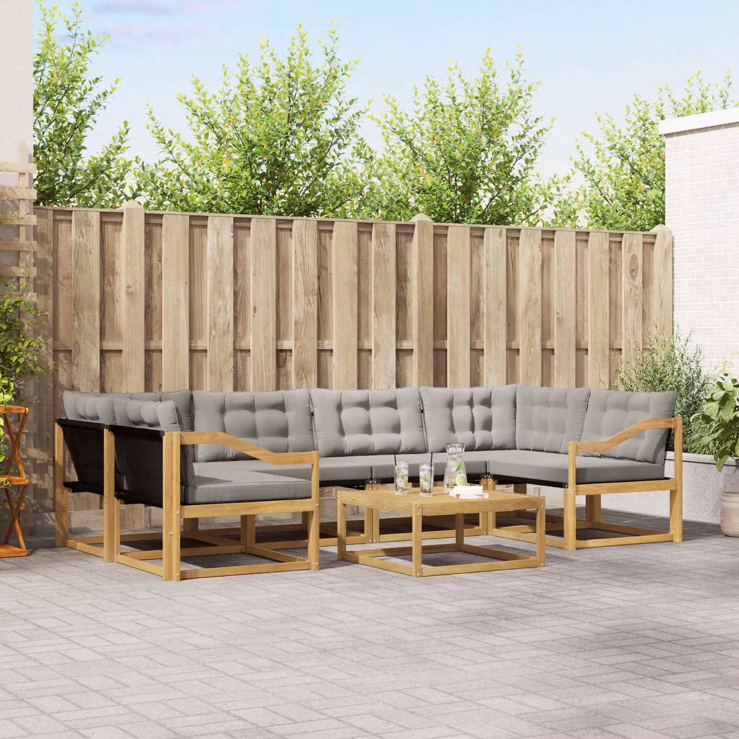 vidaXL Set di divani da esterno a forma di U composto da 7 pezzi in legno di acacia con tessuto textilene, Bianco e Grigio