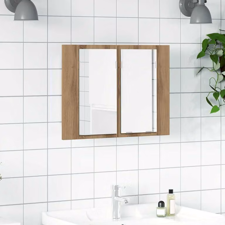 Specchio LED Mobile vidaXL in Rovere Artigianale e Multistrato, Colore Marrone, L 60 cm x H 45 cm x P 12 cm