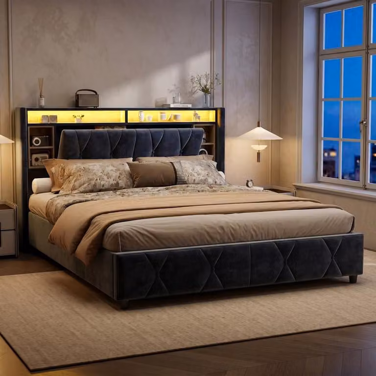 Letto imbottito ProximaX con contenitore idraulico 140x200 cm in velluto grigio - letto con comodino integrato, connessione di ricarica USB, illuminazione a LED e ampia rete, design moderno e alto livello di comfort
