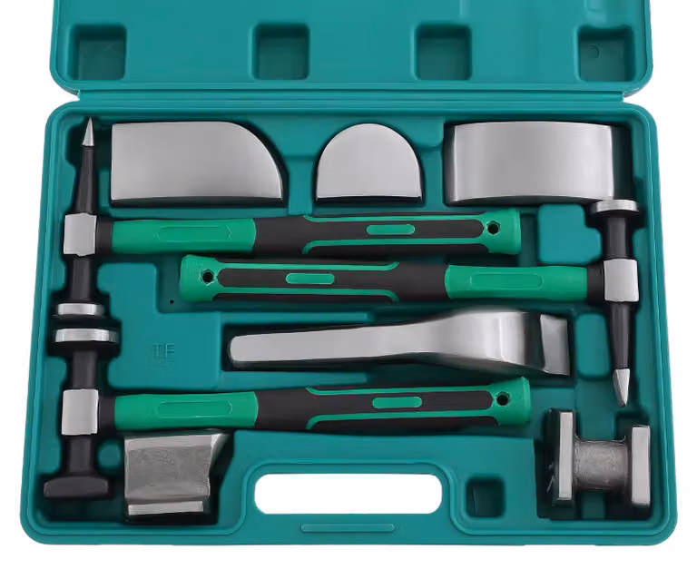 Set di attrezzi per carrozzeria, composto da 9 pezzi, con struttura in acciaio resistente, colore verde