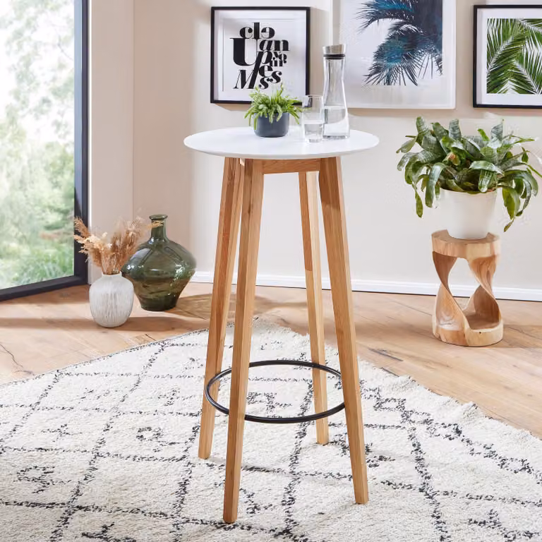 FineBuy Tavolo alto rotondo 60x110x60 cm Bianco Tavolo da bar per 4 persone Tavolo moderno da bar Tavolo da festa in legno Tavolo alto in rovere Stile scandinavo