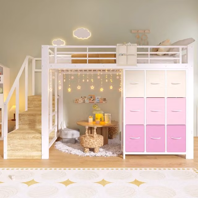 Letto a soppalco 140 x 200 cm in metallo con cassetti, asta appendiabiti, spondine, scala contenitore, senza materasso - Bianco