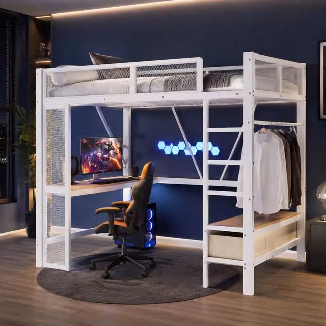 Letto a soppalco ULEVR 140x200 cm con scrivania, guardaroba aperto, 3 cassetti, LED e USB, bianco