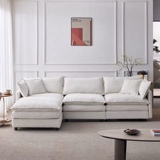 Divano angolare a 3 posti Mivray con pouf reversibile e cuscini decorativi, rivestimento in tessuto beige, design moderno per il tuo soggiorno
