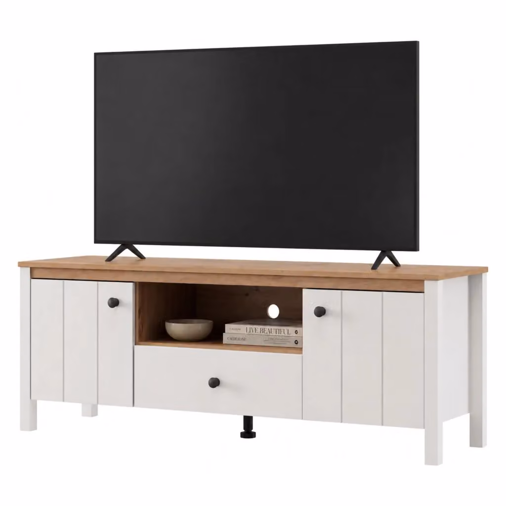 Mobile porta TV Sampe DMORA con un cassetto, design moderno, Bianco Opaco e Legno, L 143 cm x P 40 cm x H 53 cm – 2