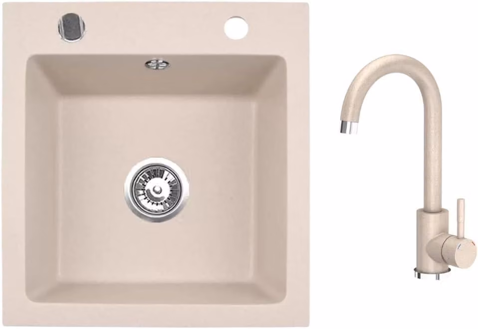 VBChome Lavello in granito 50 x 48 cm Beige con rubinetteria Lavello da incasso a vasca singola Spruzzato Lavello facile da pulire con sifone Ideale per cucine piccole