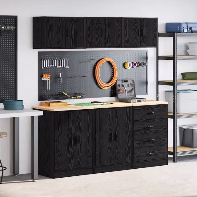 Set di 6 armadi da garage vidaXL in legno multistrato neri con ante, da appendere a parete, L: 85 cm, P: 51 cm, H: 60 cm – 1