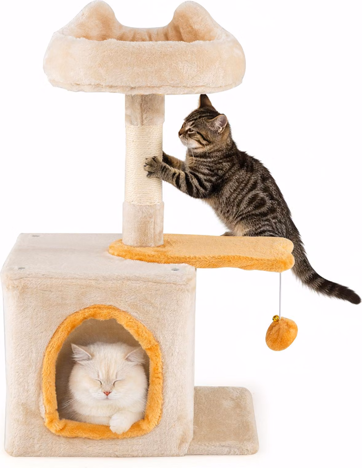 COSTWAY tiragraffi piccolo, albero per gatti con seduta in peluche, piattaforma a forma di pesce, grotta, palla e tiragraffi in sisal, tiragraffi in legno per gatti, mobili per gatti beige