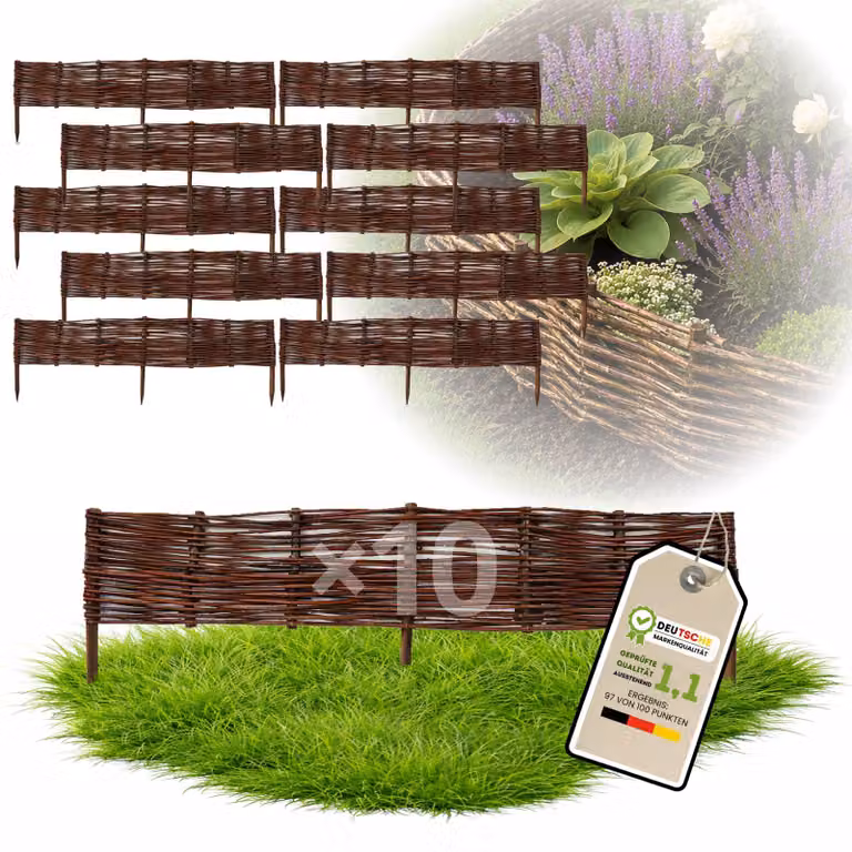 Floranica 10 pezzi Recinzione in vimini 10 cm x 100 cm – Staccionata da giardino intrecciata Palizzata Recinzione naturale Bordo aiuola