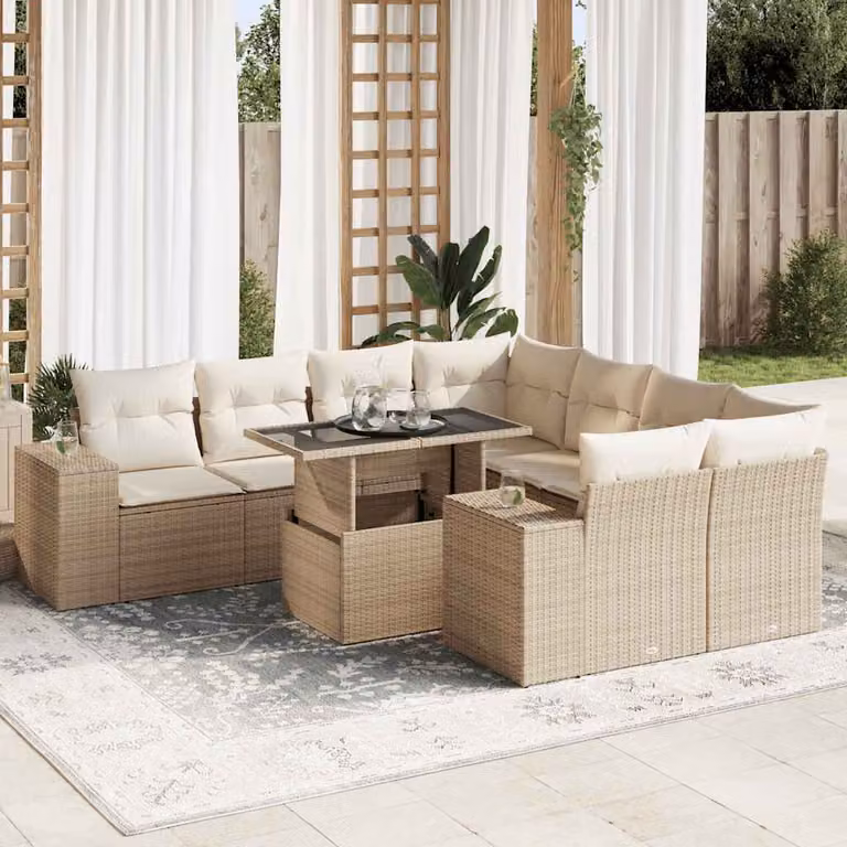 Set Divano da Giardino vidaXL 9 pz in Polyrattan Beige con Cuscini e Tavolino da Esterno a Forma di L
