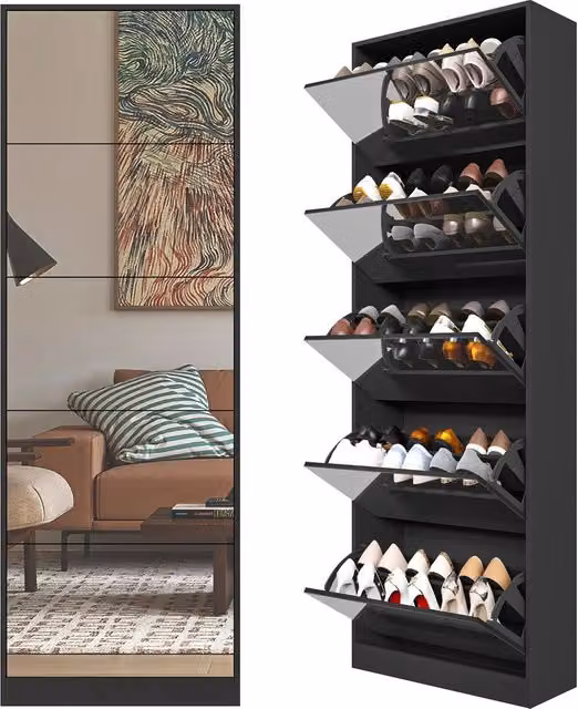 Armadio portascarpe con specchio 5 ante ¨C Minimal ¨C nero, 2 ripiani per piano