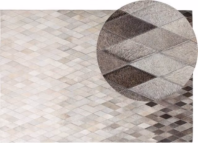 Tappeto Patchwork Moderno Beliani in Pelle, Lavorato a Mano, Bianco, Grigio e Beige, L: 140 cm, P: 200 cm