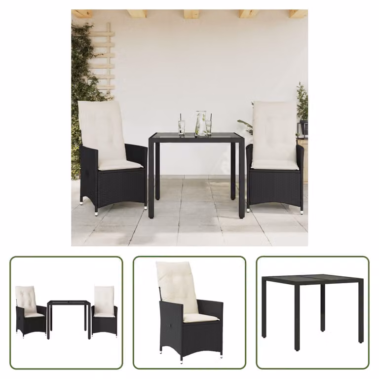 The Living Store Set bistrot 3 pezzi con cuscini in poly rattan nero