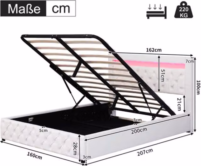 Letto imbottito 160x200 cm - Xylo - Bianco con illuminazione LED e contenitore