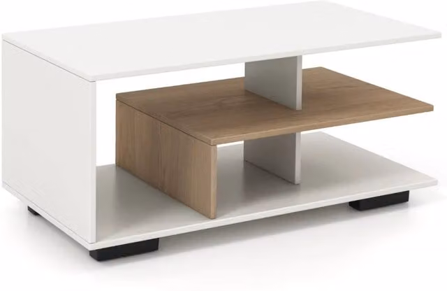 Tavolino da caffè geometrico con ripiano centrale 90 x 50 x 42 cm 3 livelli di spazio moderno in legno bianco e naturale 20_0013754