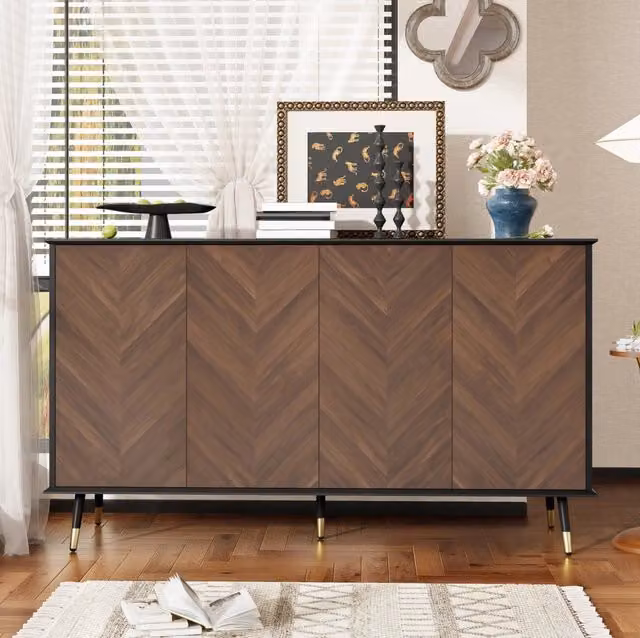 Credenza moderna con design geometrico in legno, metallo e MDF, colore nero e marrone, L: 140 cm, H: 80 cm, P: 31,3 cm