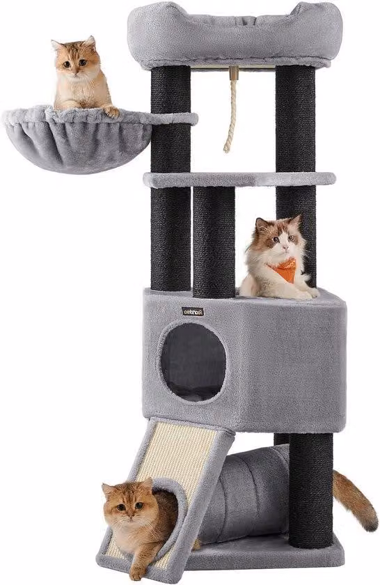 Grande torre per gatti con morbida piattaforma panoramica, seduta e nascondiglio - Torre in velcro grigio chiaro con robusti montanti