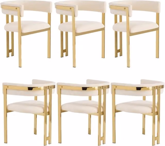 Set di 4 sedie da pranzo in tessuto chenille beige con gambe in metallo dorato, design moderno e confortevole