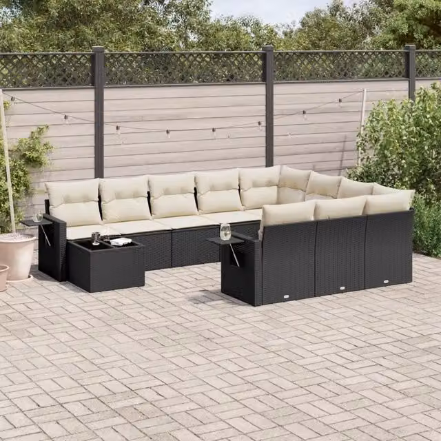 Set di Divani da Giardino a Forma di U vidaXL in Polyrattan Nero con 11 Pezzi e Cuscini – 1