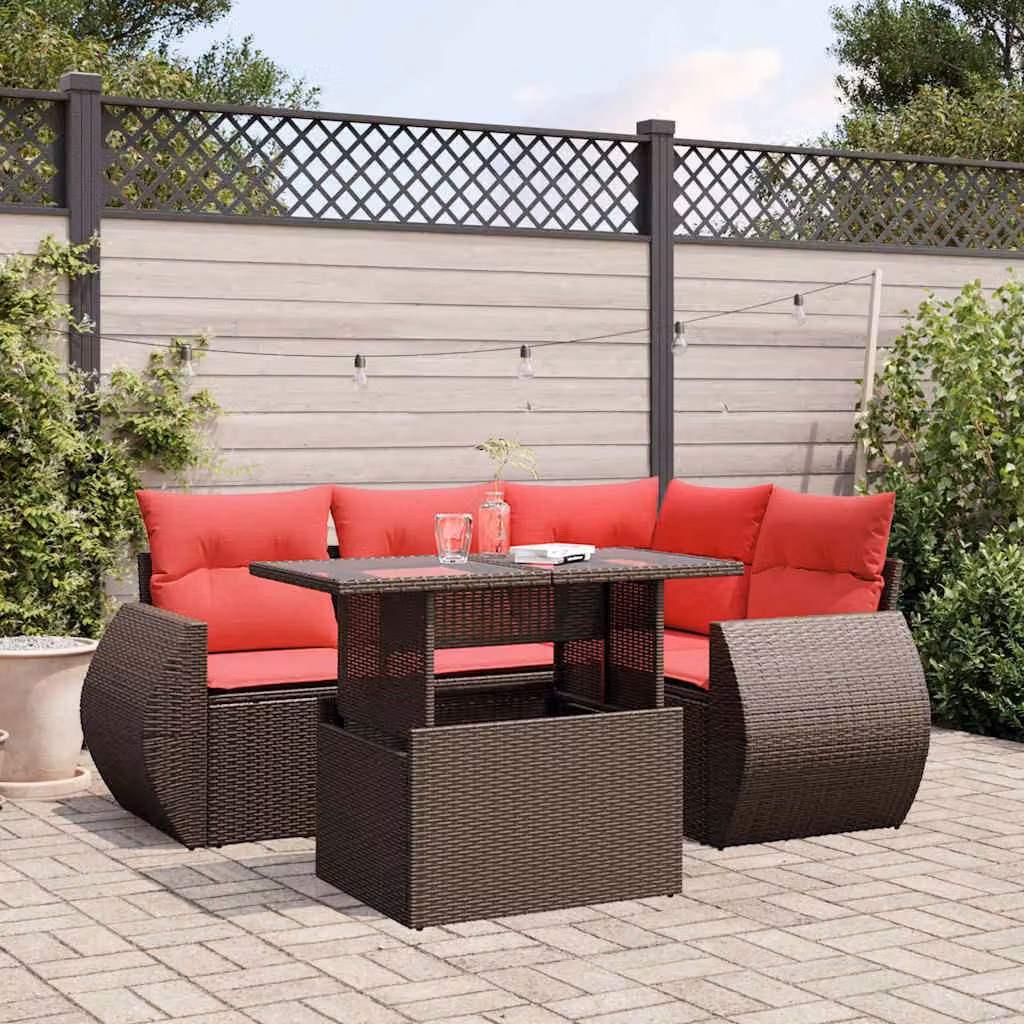 Set da giardino vidaXL in polyrattan marrone composto da 5 pezzi con cuscini imbottiti e tavolino da esterno