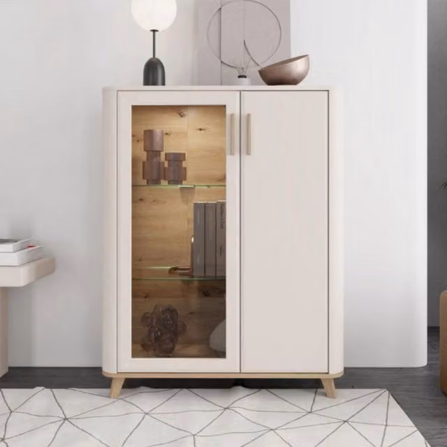Mobile Espositore Vetrina Castella DMORA con Ante in Vetro e 4 Ripiani, Colore Beige e Rovere Selvatico, L/P/H: 90 x 40 x 116.5 cm